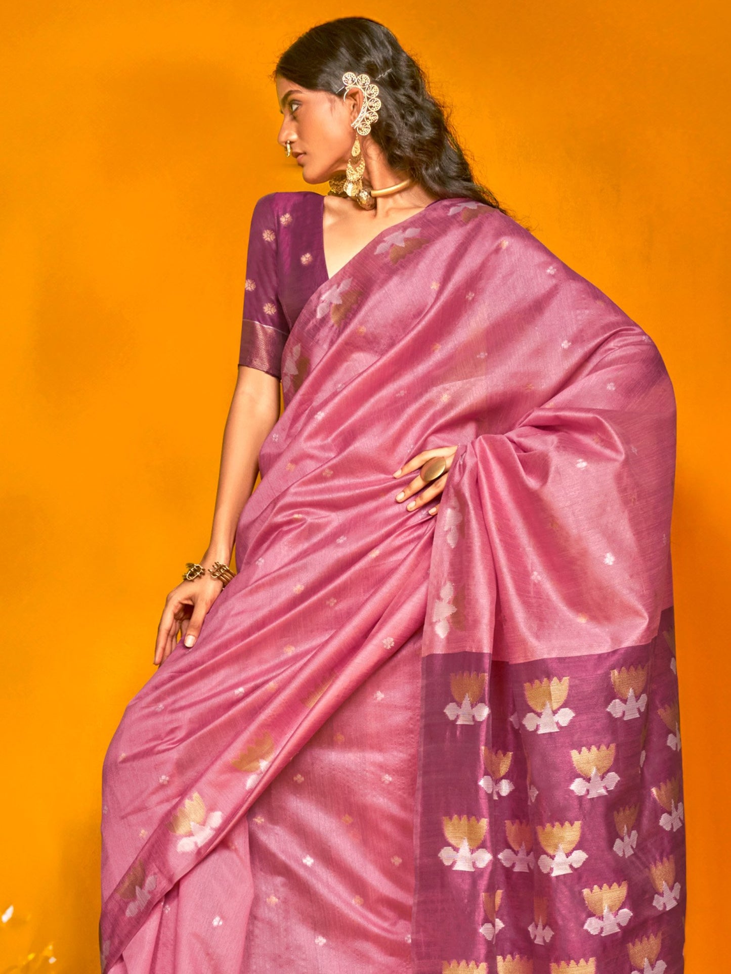Mauve Jamdani Tussar Silk Woven Saree