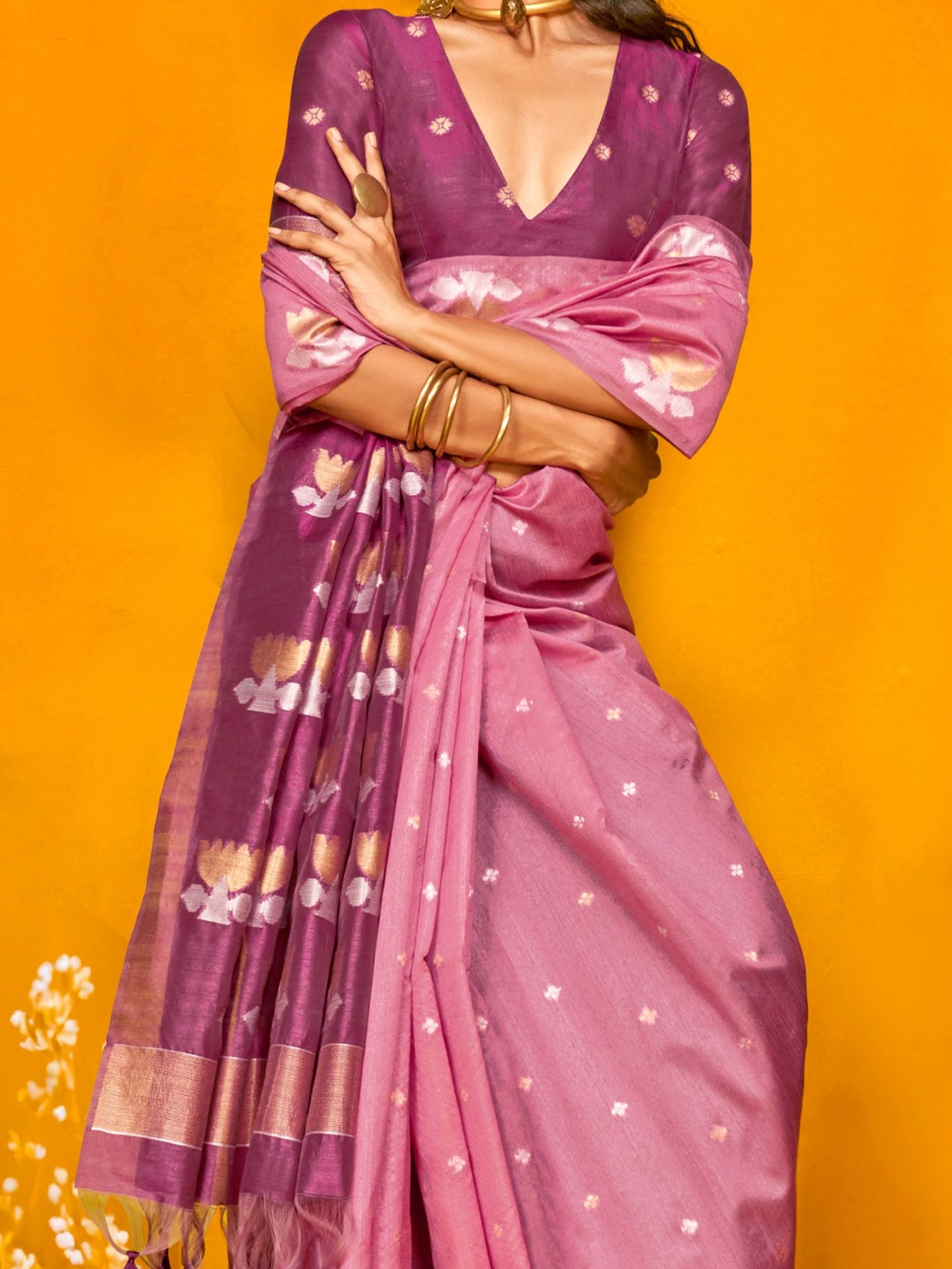 Mauve Jamdani Tussar Silk Woven Saree