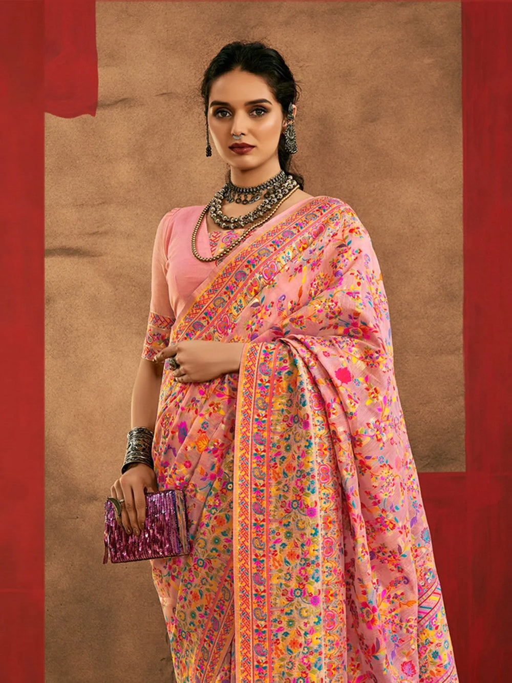 Pink Phulkari Cotton Silk Woven Saree - The Dori Store