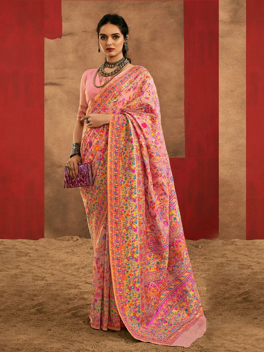 Pink Phulkari Cotton Silk Woven Saree - The Dori Store