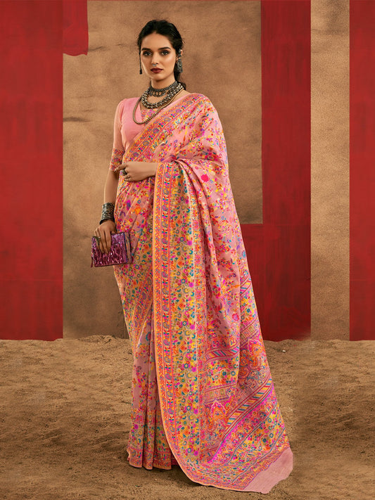 Pink Pink Phulkari Cotton Silk Woven Saree