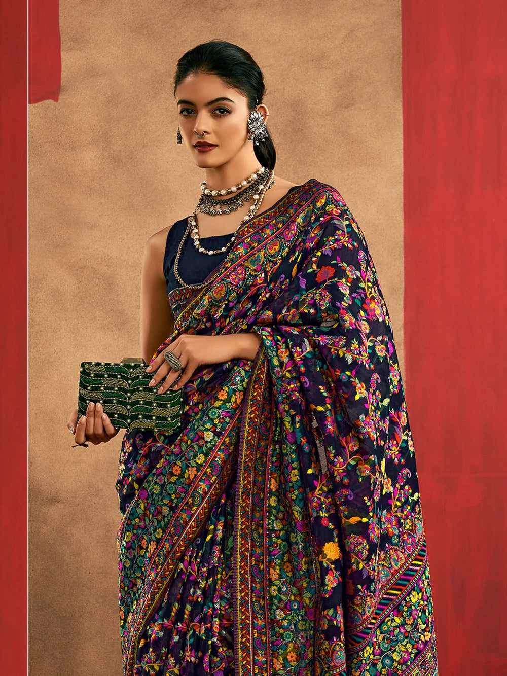 Navy Phulkari Cotton Silk Woven Saree - The Dori Store