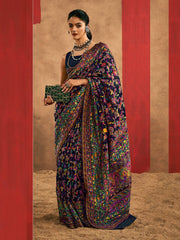 Navy Phulkari Cotton Silk Woven Saree - The Dori Store