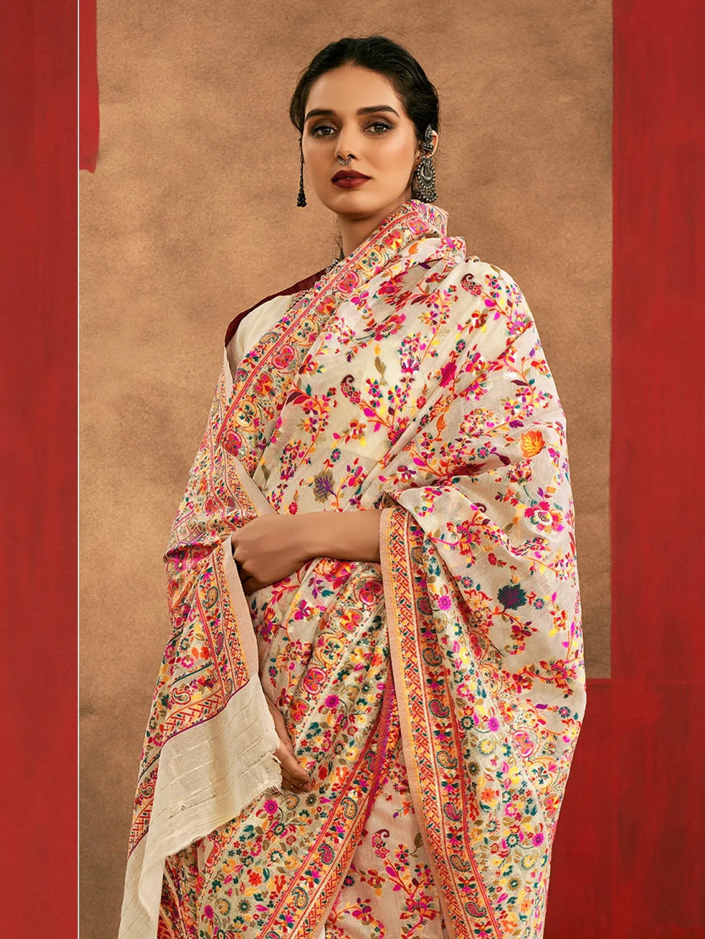 Cream Phulkari Cotton Silk Woven Saree - The Dori Store