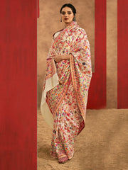 Cream Phulkari Cotton Silk Woven Saree - The Dori Store