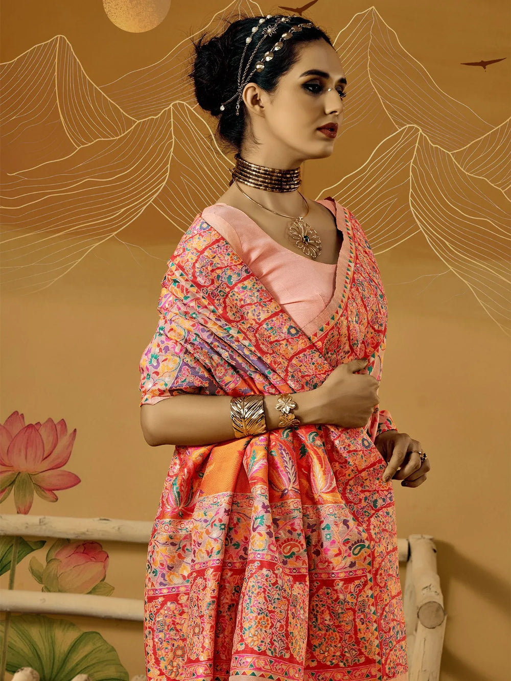 Peach Phulkari Cotton Silk Woven Saree - The Dori Store