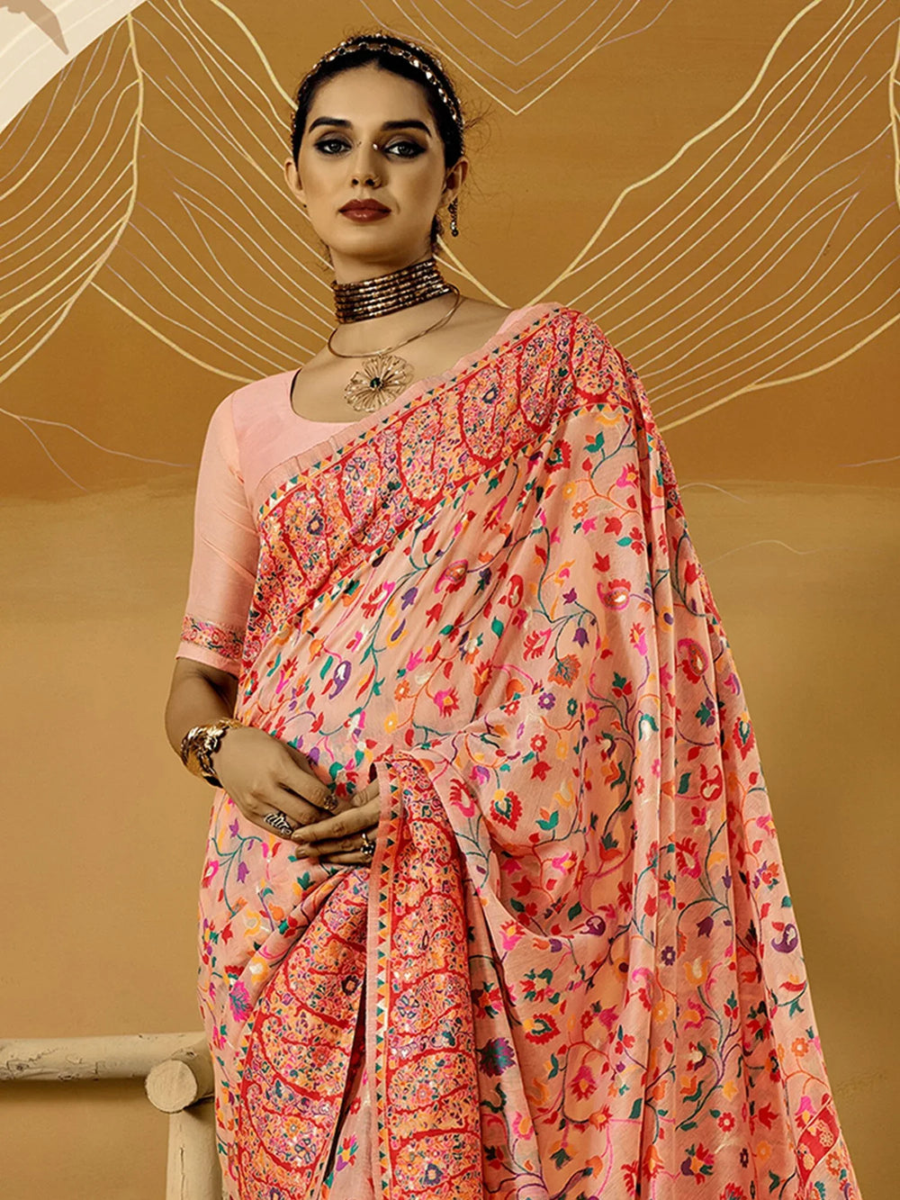Peach Phulkari Cotton Silk Woven Saree - The Dori Store
