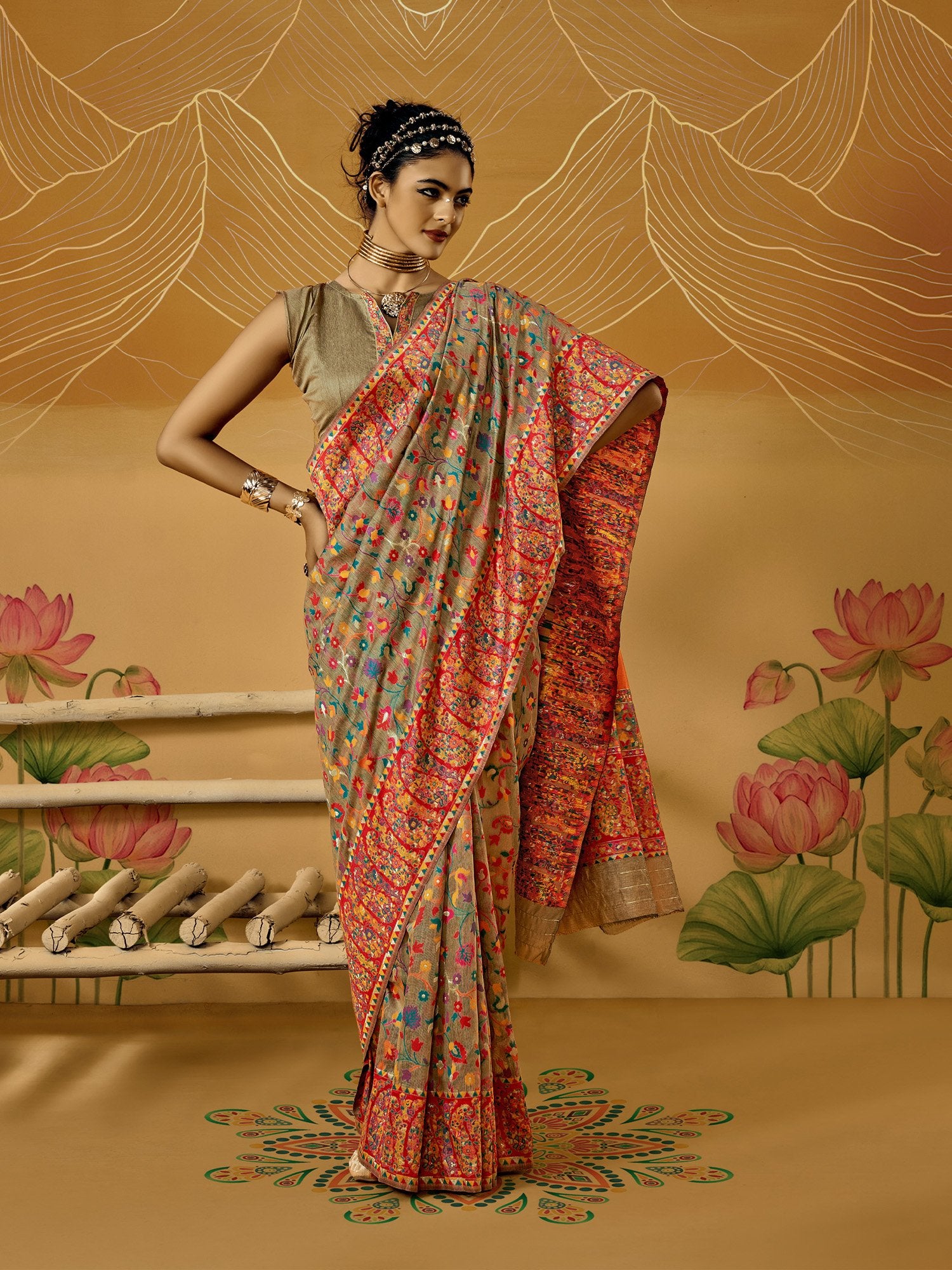 Cream Beige Phulkari Cotton Silk Woven Saree