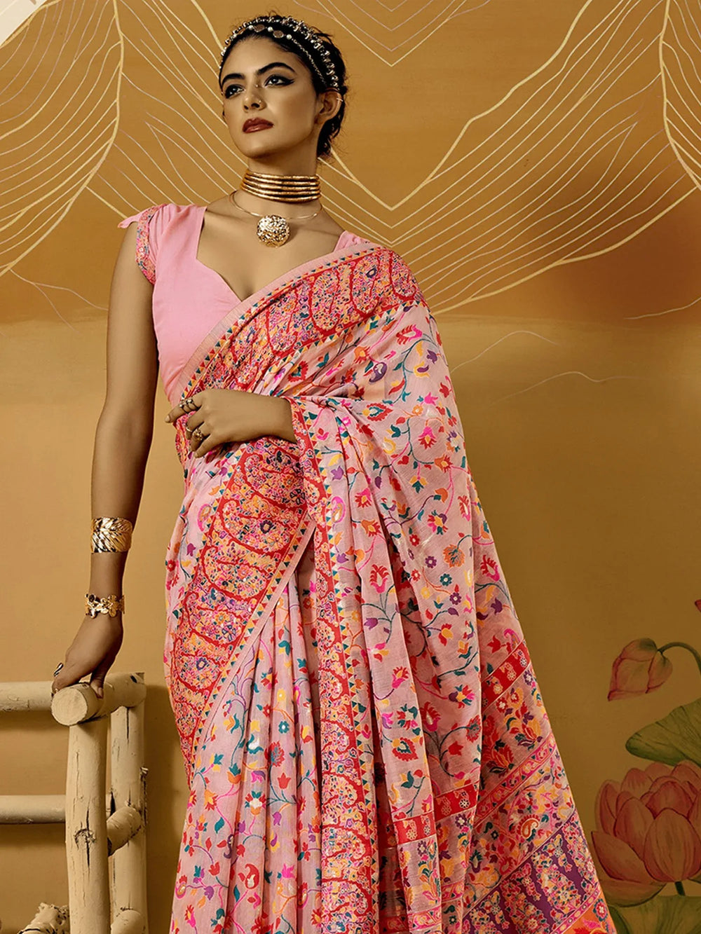 Pink Phulkari Cotton Silk Woven Saree - The Dori Store