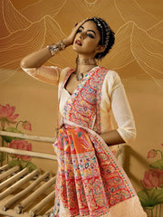 Cream Phulkari Cotton Silk Woven Saree - The Dori Store