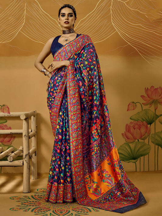 Blue Navy Phulkari Cotton Silk Woven Saree