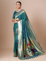 Teal Blue Paithani Silk Blend Woven Saree - The Dori Store