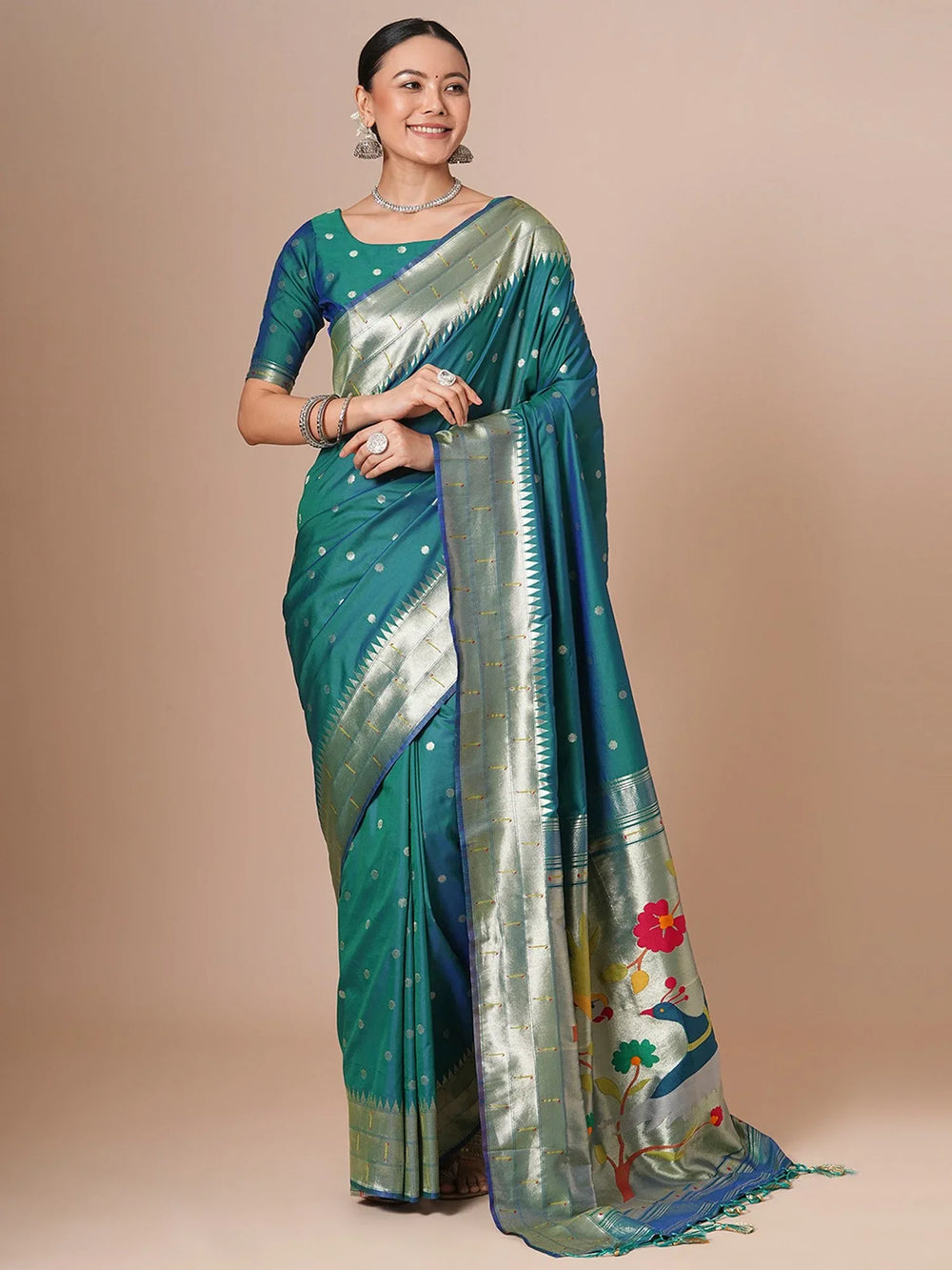 Teal Blue Paithani Silk Blend Woven Saree - The Dori Store