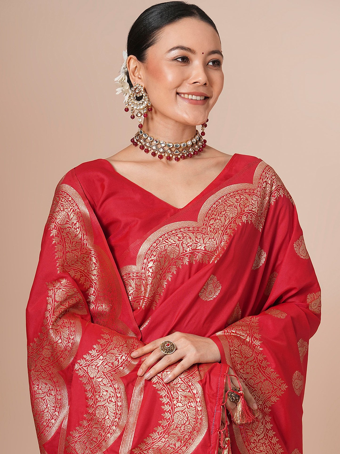 Red Banarasi Silk Blend Woven Saree