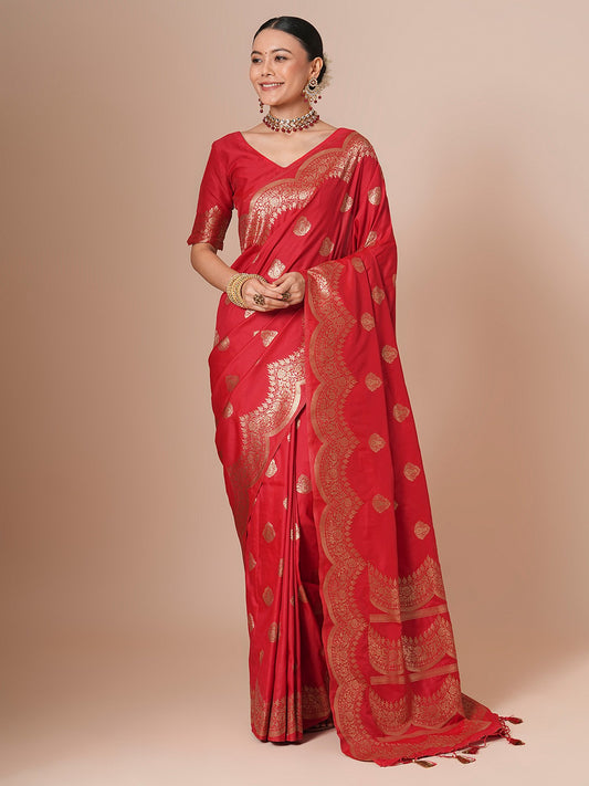 Red Red Banarasi Silk Blend Woven Saree