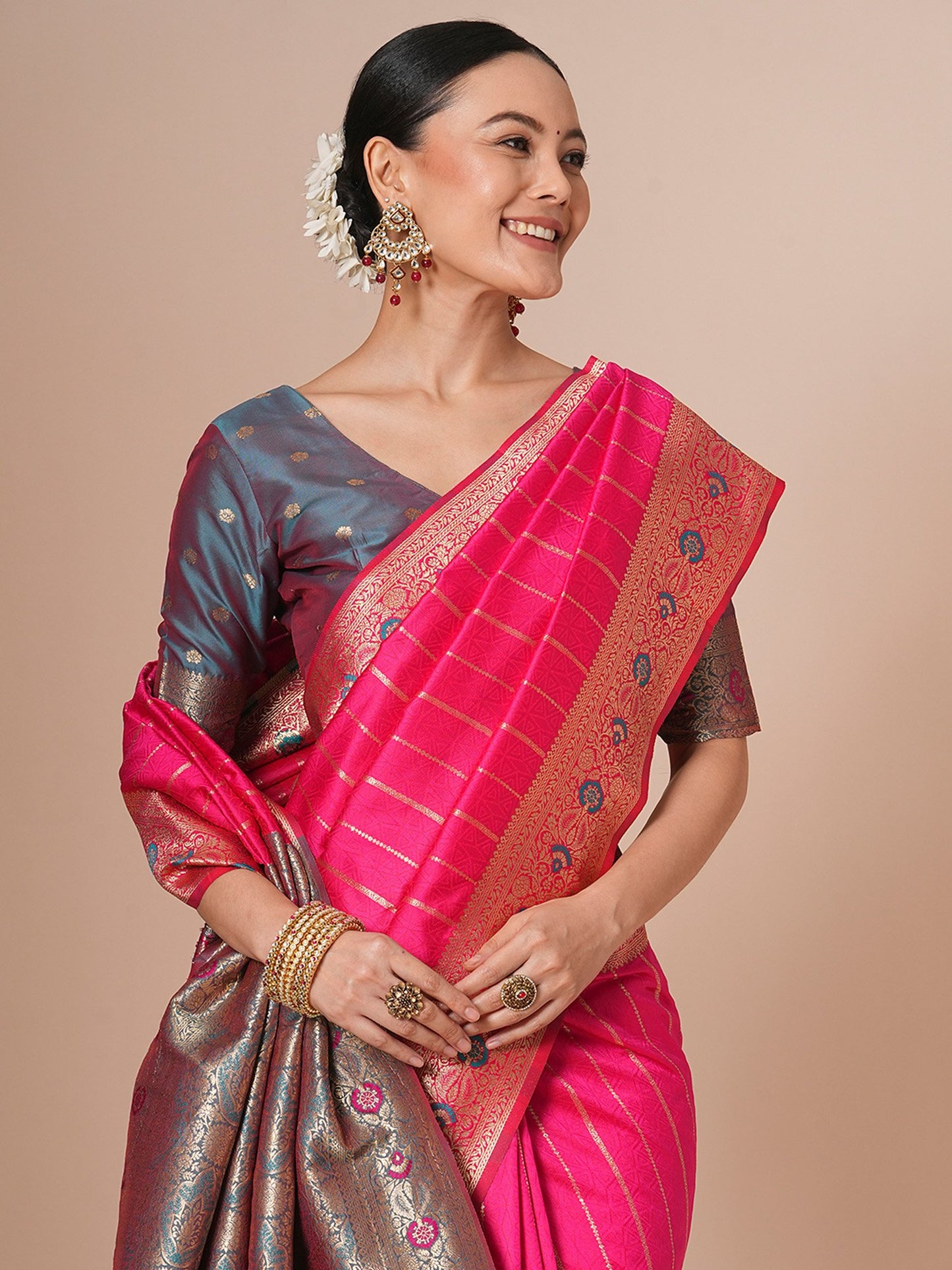 Pink Banarasi Silk Blend Woven Saree