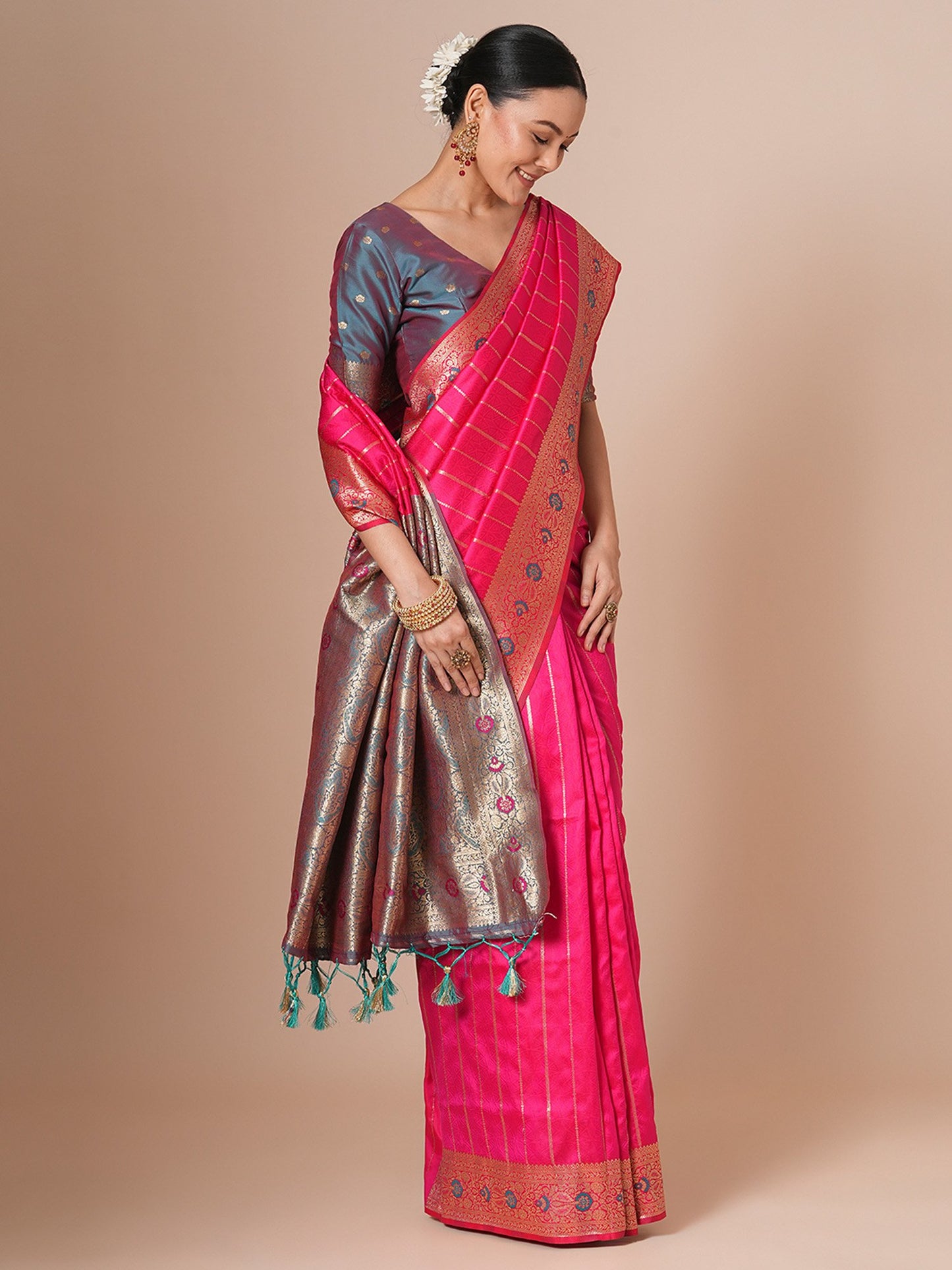 Pink Banarasi Silk Blend Woven Saree