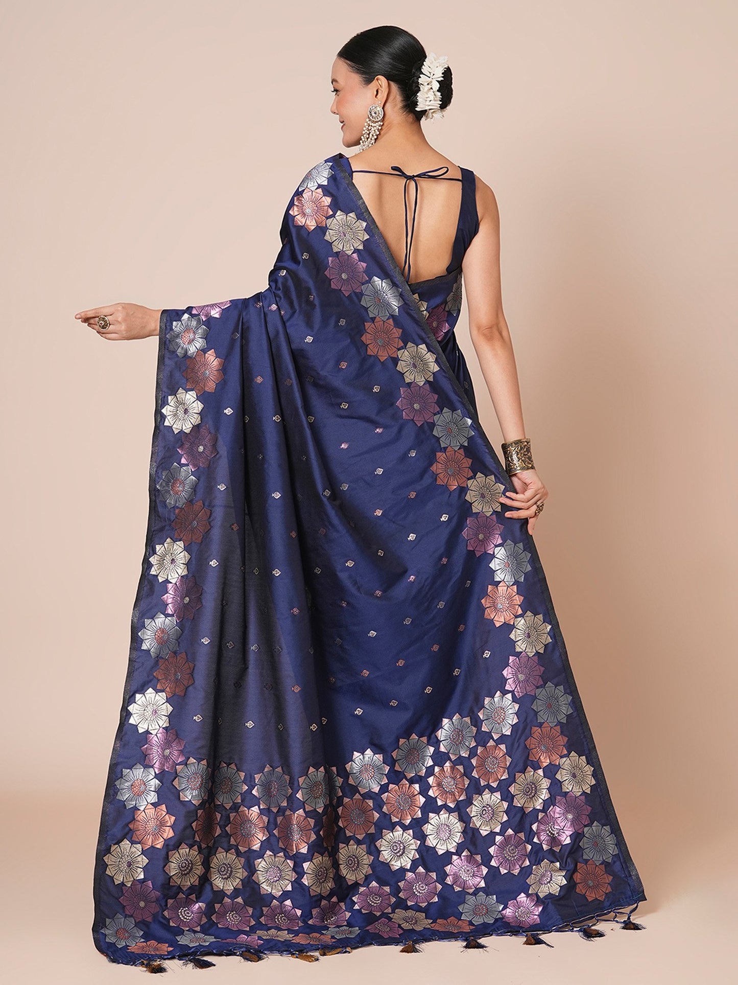 Navy Banarasi Silk Blend Woven Saree