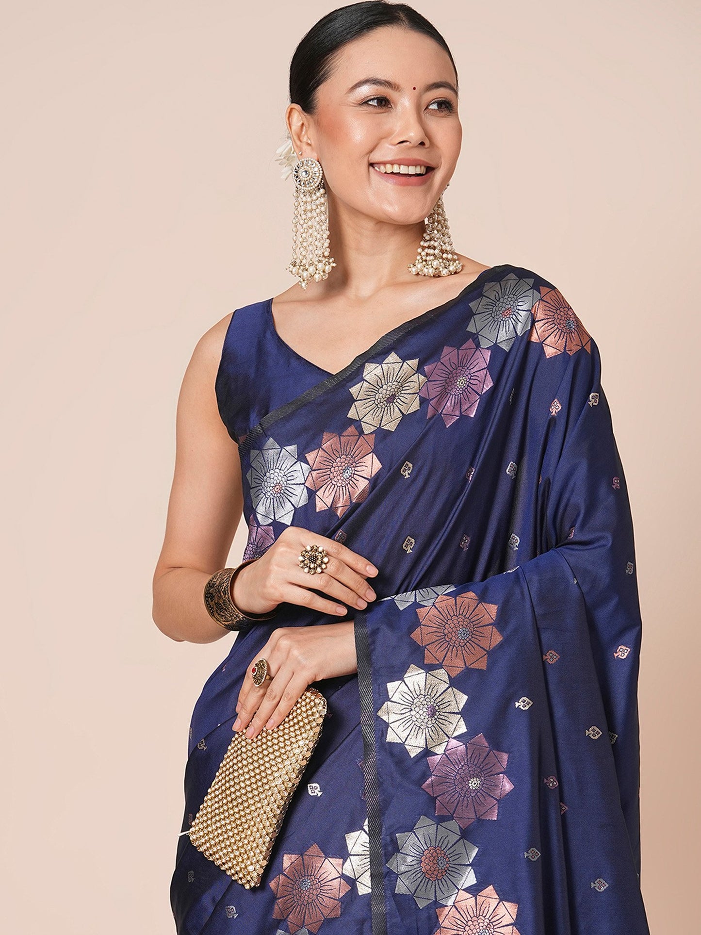 Navy Banarasi Silk Blend Woven Saree