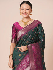 Green Banarasi Silk Blend Woven Saree - The Dori Store