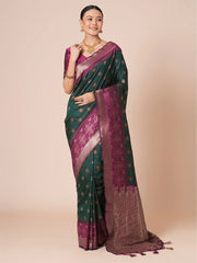 Green Banarasi Silk Blend Woven Saree - The Dori Store