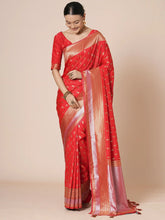 Red Banarasi Silk Blend Woven Saree - The Dori Store