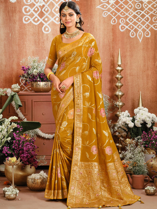 Yellow Mustard Party Wear Viscose Silk Woven Saree