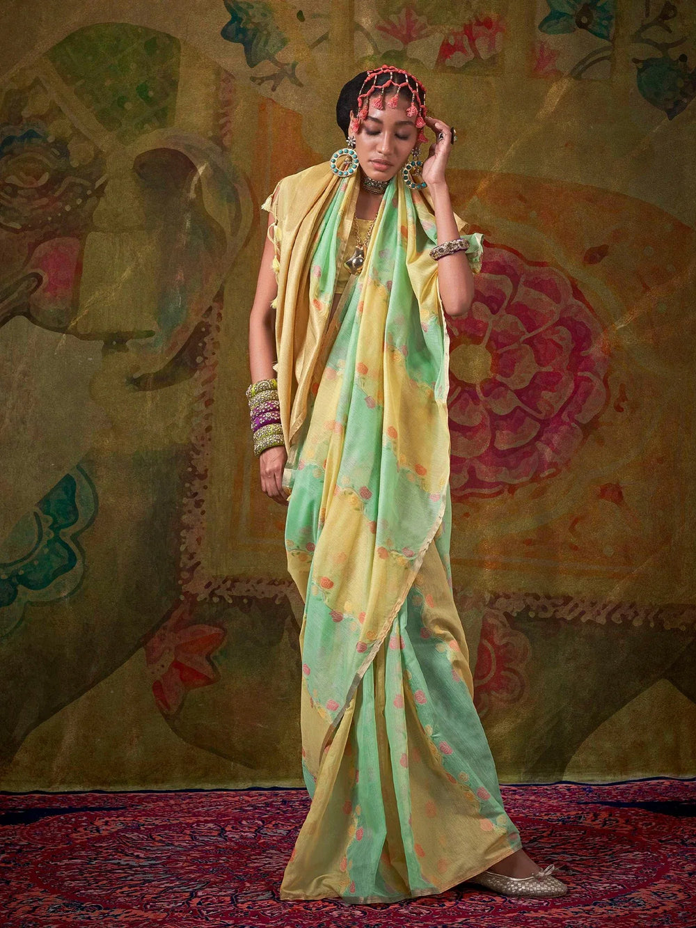 Yellow Jamdani Cotton Silk Woven Saree - The Dori Store