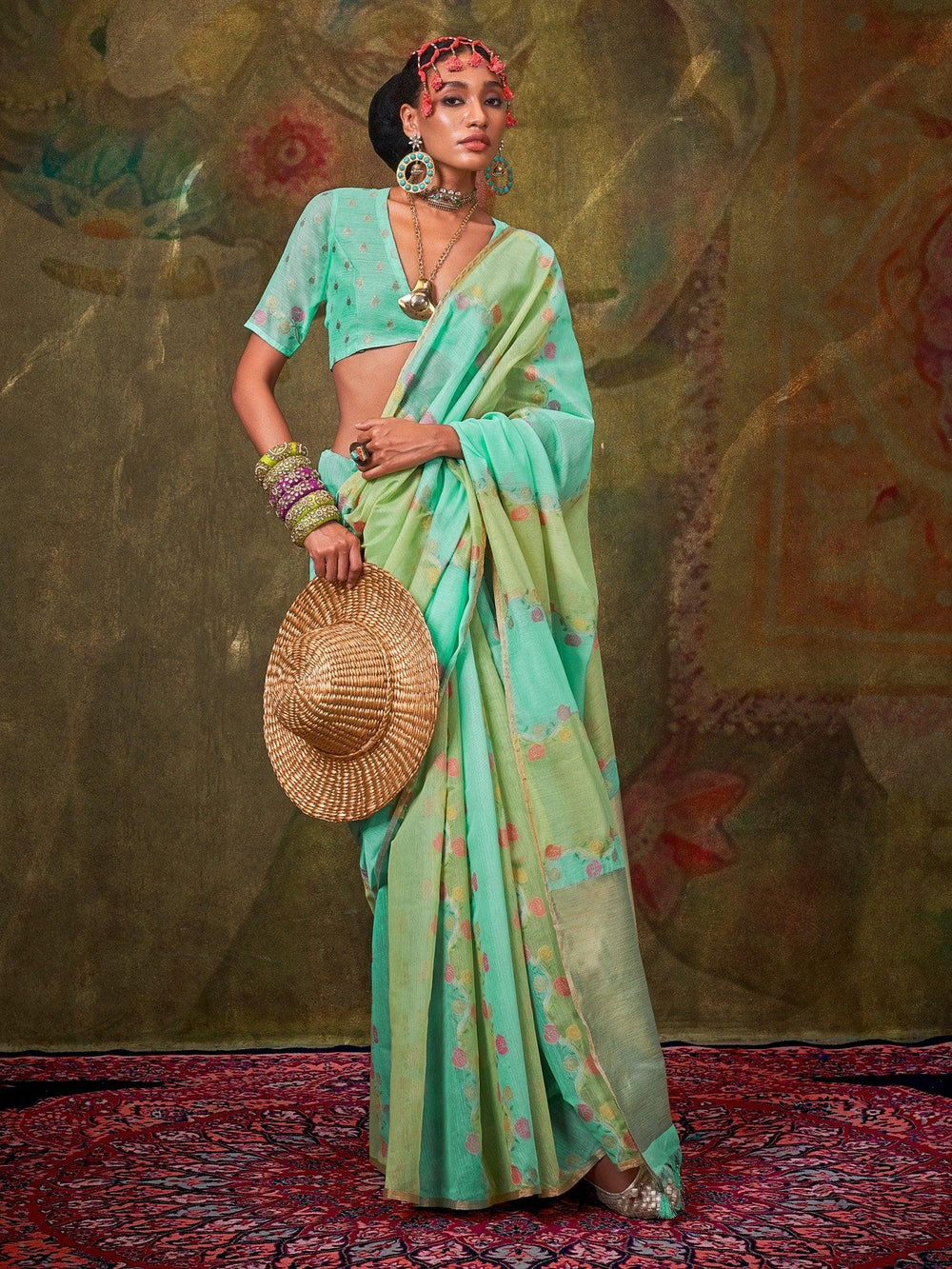 Turquoise Jamdani Cotton Silk Woven Saree - The Dori Store