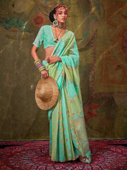 Turquoise Jamdani Cotton Silk Woven Saree - The Dori Store