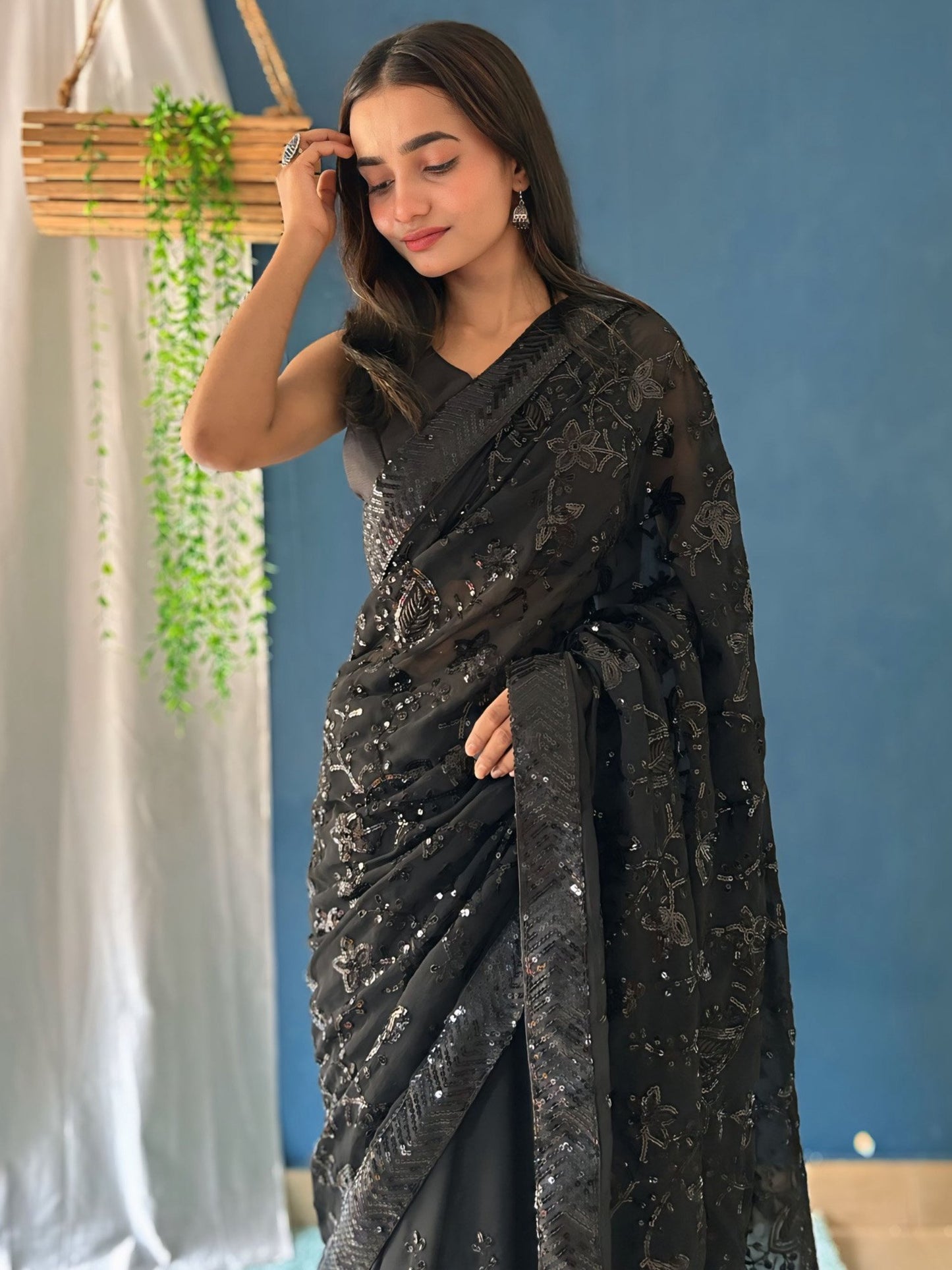 Black Party Wear Georgette Embellished Saree