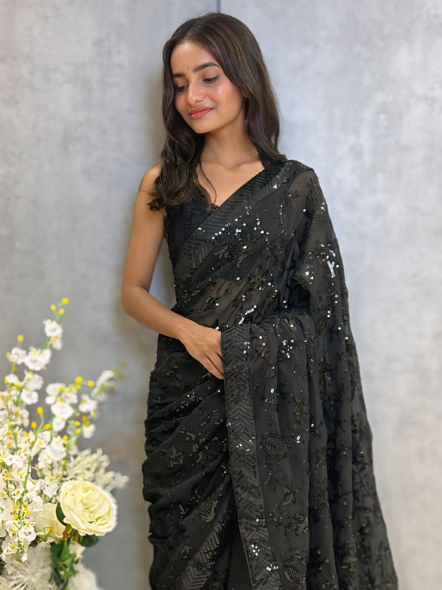 Black Party Wear Georgette Embellished Saree