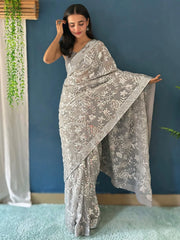 Grey Party Wear Georgette Embellished Saree - The Dori Store