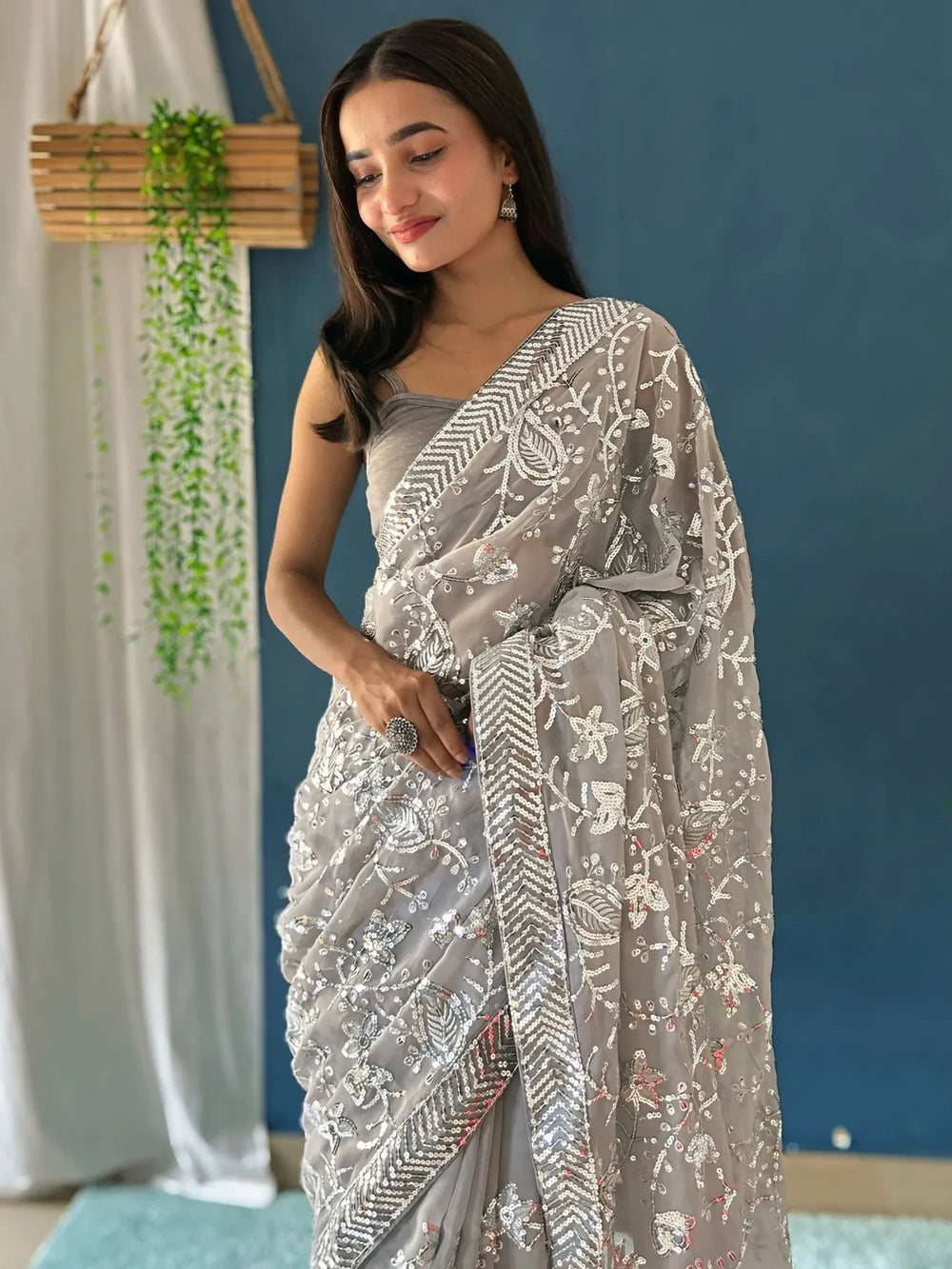 Grey Party Wear Georgette Embellished Saree - The Dori Store