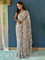 Grey Party Wear Georgette Embellished Saree - The Dori Store