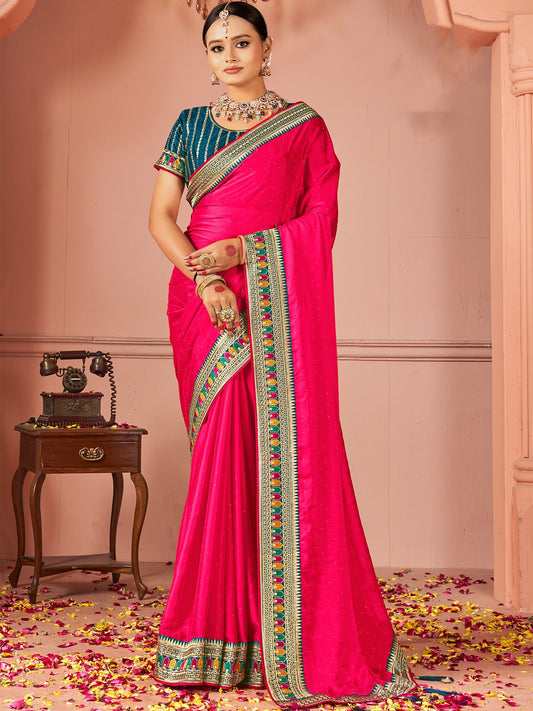 Pink Pink Party Wear Vichitra Silk Zari Embroidered Saree