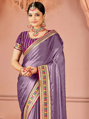 Violet Party Wear Vichitra Silk Zari Embroidered Saree - The Dori Store