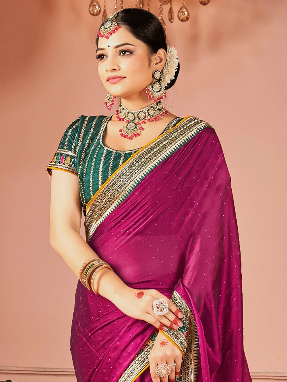 Magenta Party Wear Vichitra Silk Zari Embroidered Saree - The Dori Store