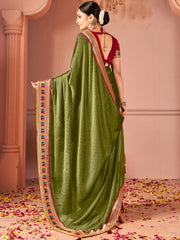 Olive Party Wear Vichitra Silk Zari Embroidered Saree - The Dori Store