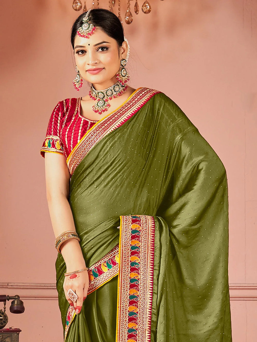 Olive Party Wear Vichitra Silk Zari Embroidered Saree - The Dori Store