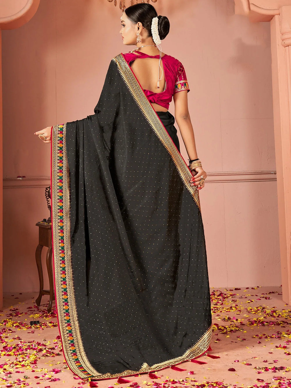 Black Party Wear Vichitra Silk Zari Embroidered Saree - The Dori Store