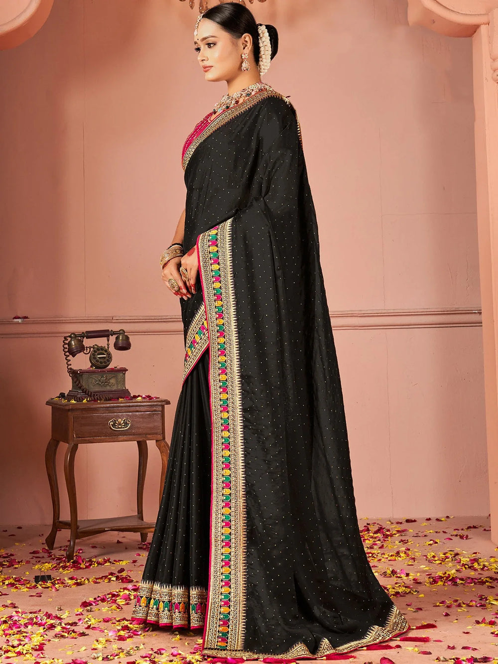 Black Party Wear Vichitra Silk Zari Embroidered Saree - The Dori Store