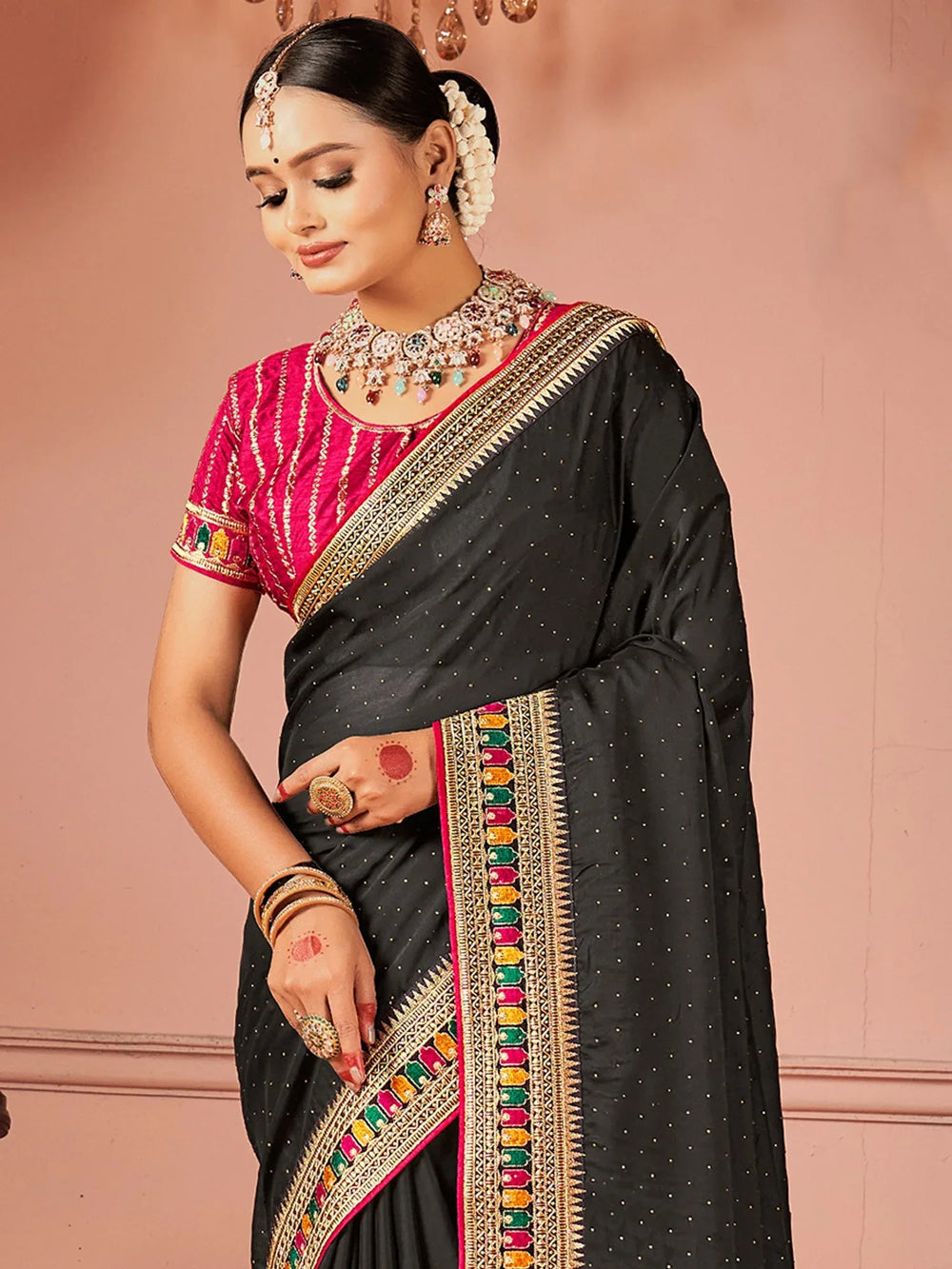 Black Party Wear Vichitra Silk Zari Embroidered Saree - The Dori Store