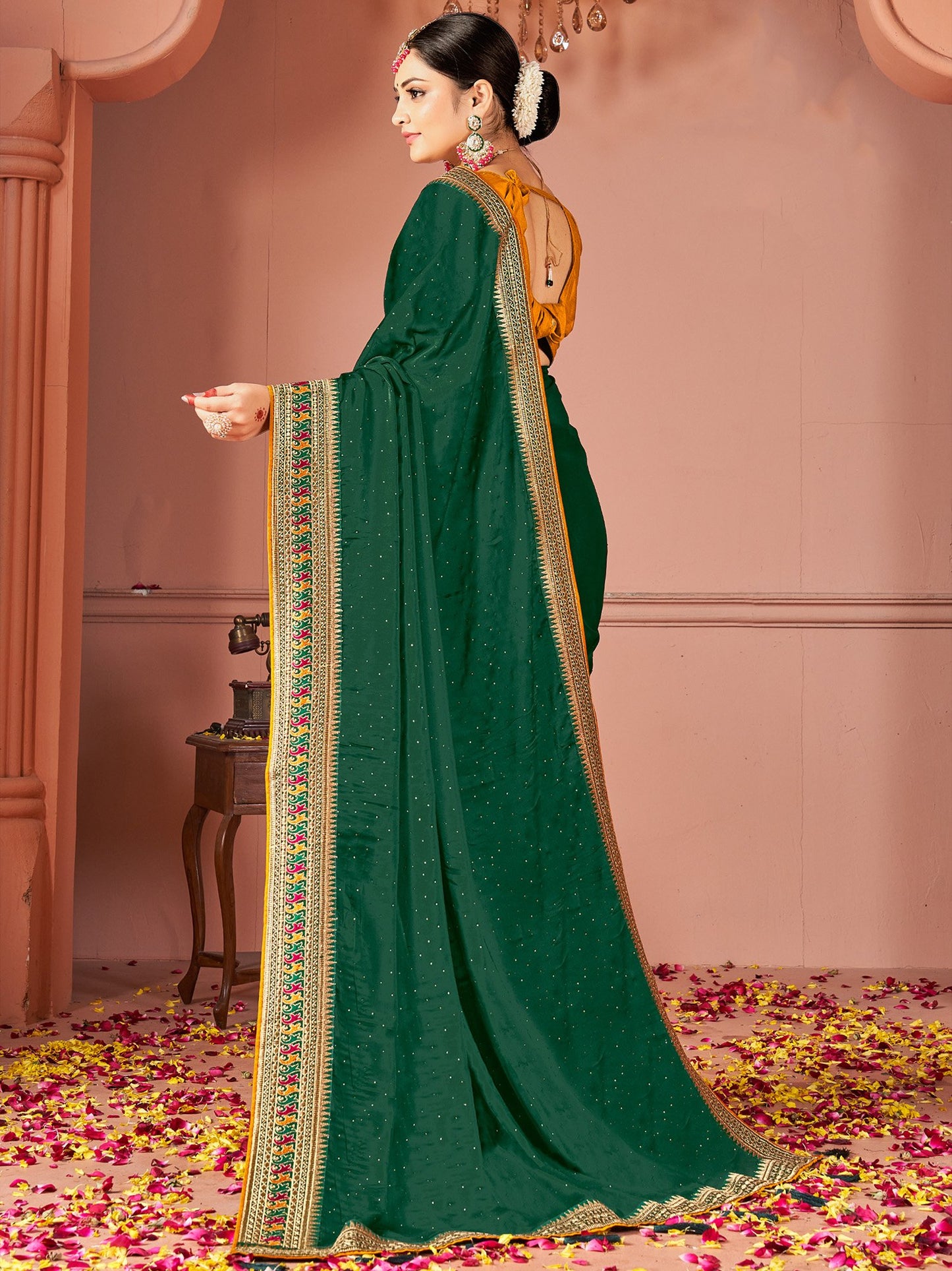 Green Party Wear Vichitra Silk Zari Embroidered Saree