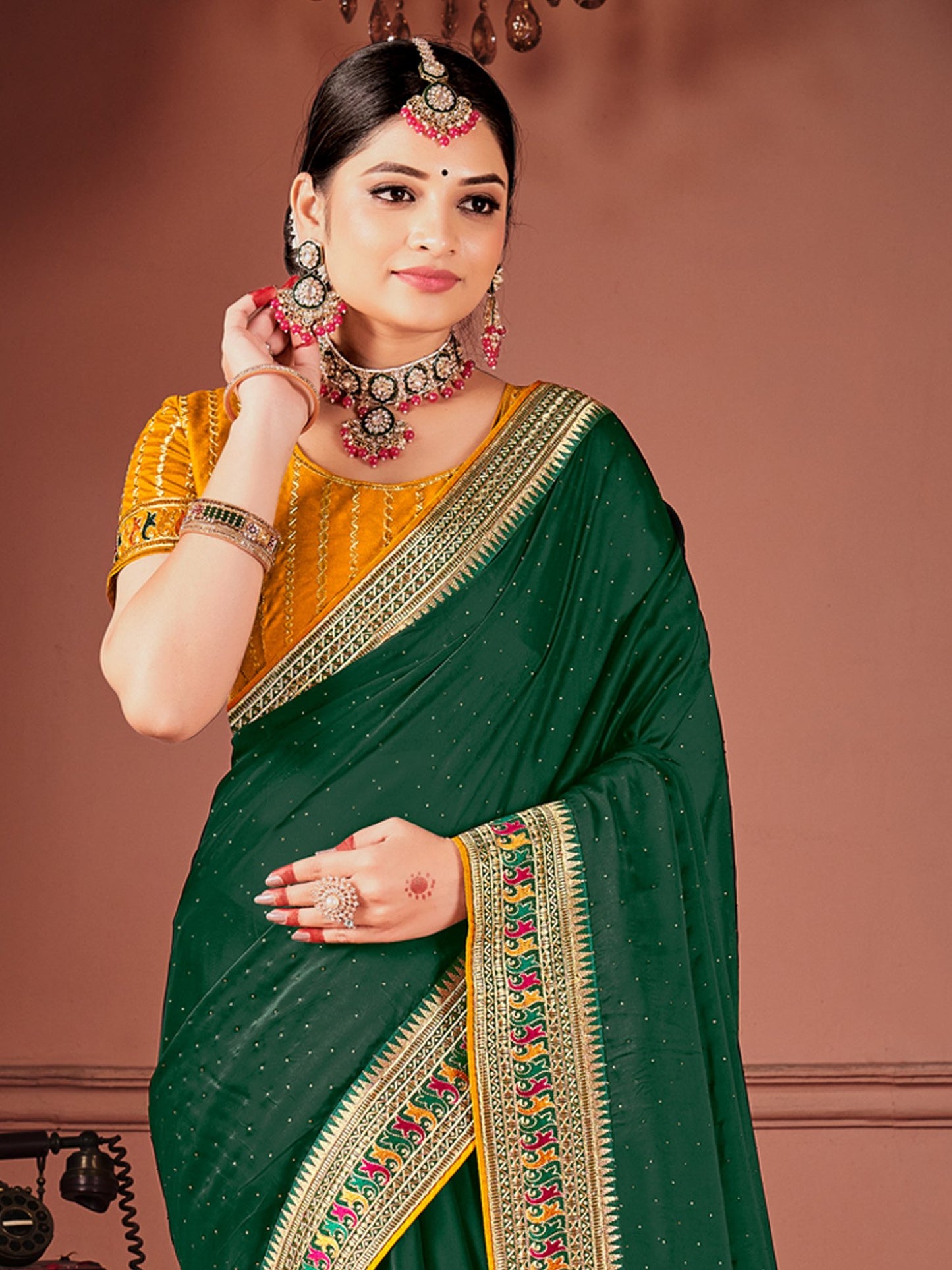 Green Party Wear Vichitra Silk Zari Embroidered Saree