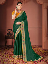 Green Party Wear Vichitra Silk Zari Embroidered Saree - The Dori Store
