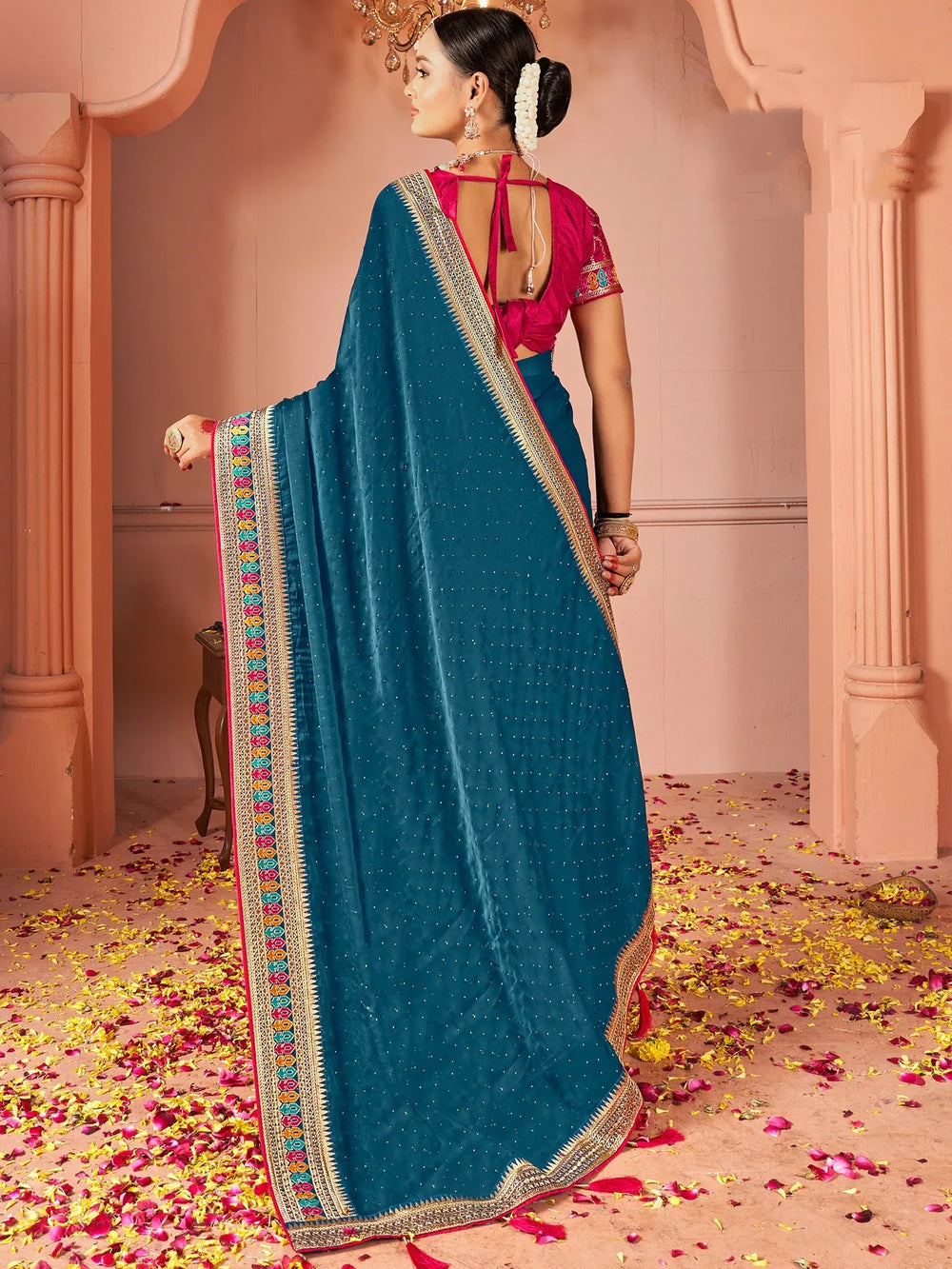 Teal Blue Party Wear Vichitra Silk Zari Embroidered Saree - The Dori Store