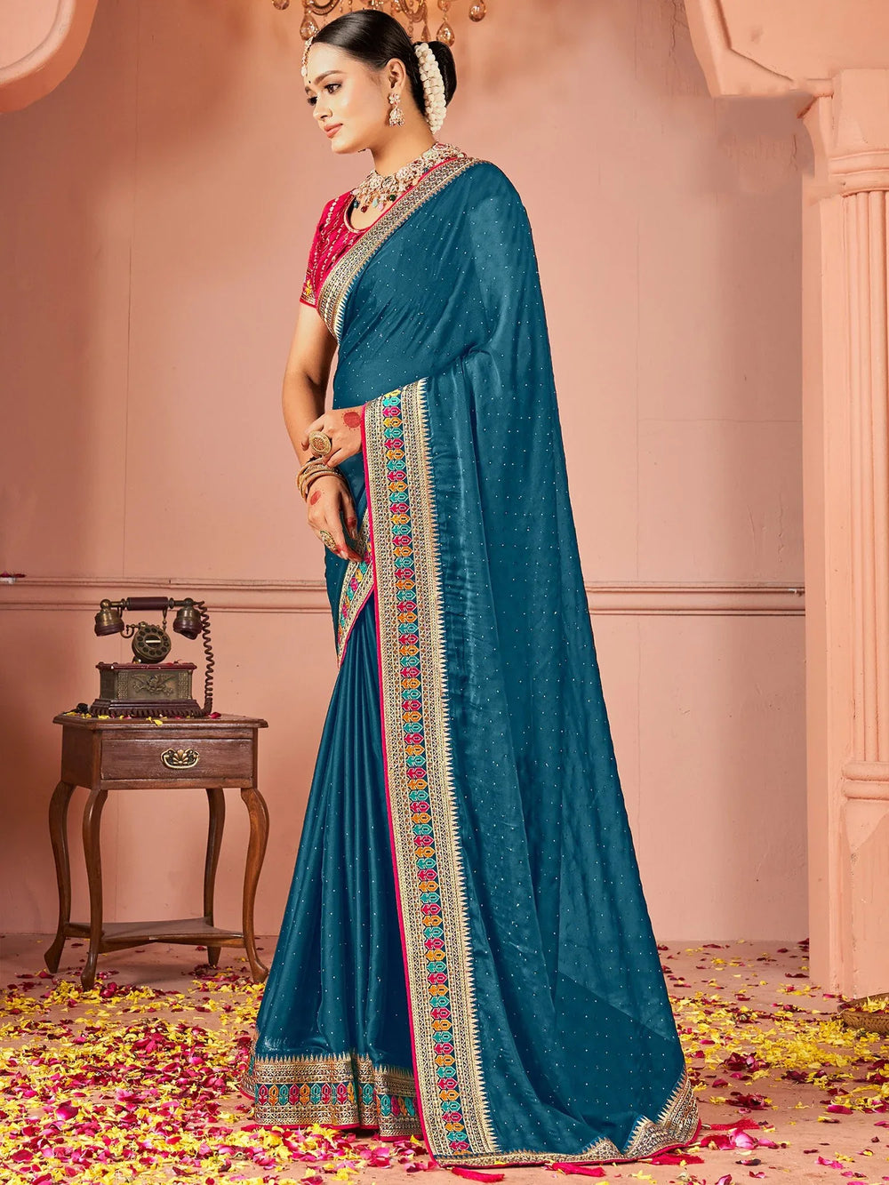 Teal Blue Party Wear Vichitra Silk Zari Embroidered Saree - The Dori Store