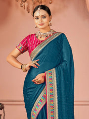 Teal Blue Party Wear Vichitra Silk Zari Embroidered Saree - The Dori Store