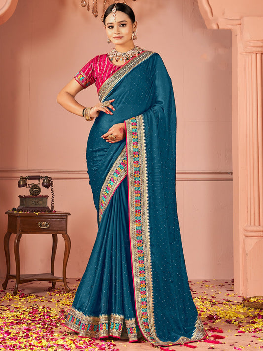 Blue Teal Party Wear Vichitra Silk Zari Embroidered Saree
